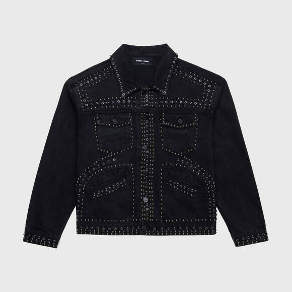 NEW HOMME + FEMME women's ornament denim jacket in jet black